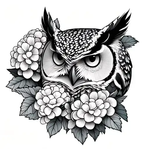 A Owl Head Surrounded By Hydrangea Flowers Blooming
