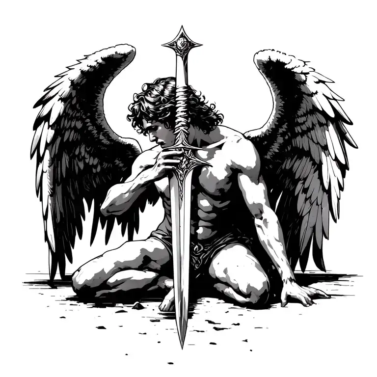 Fallen Angel Kneeing Down Holding A Sword With Its Wings Pointing Upwards