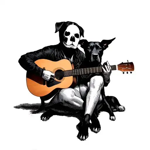 A Leftist Therapist Playing Guitar With A Black Faced Dog With White Body Familiar