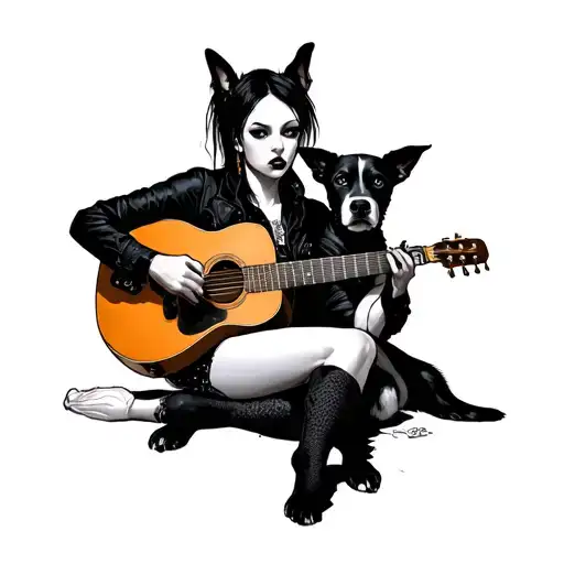A Leftist Female Punk Playing Guitar With A Black Faced Dog With White Body Familiar