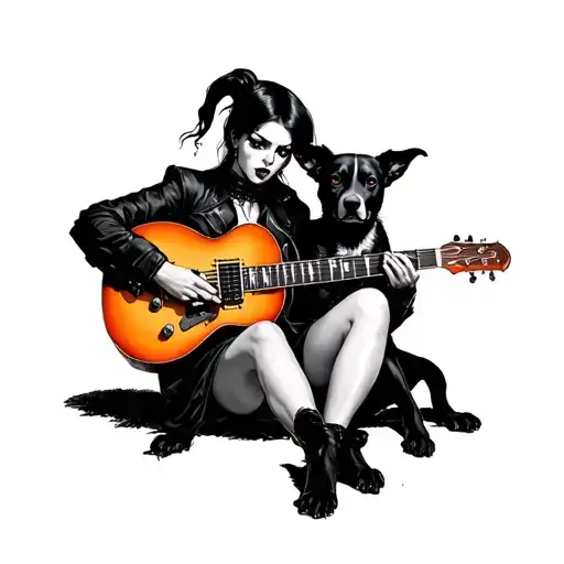 A Leftist Witchy Female Punk Playing Electric Guitar With A Black Faced Dog Familiar