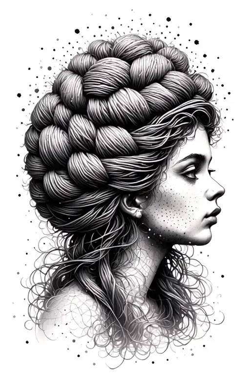 Female Face Side Profile With Yarn Exploding From Top Of Head Depicting Tangled Thoughts