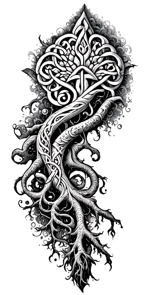 Large Yddrasil On Shoulder With Deep Vining Roots Transitioning Into Celtic Tribal Down Forearm