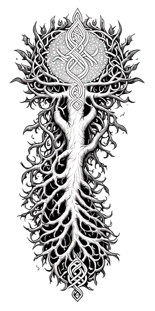 Large Yggdrasil On Shoulder With Deep Vining Roots Transitioning Into Celtic Tribal Down Forearm