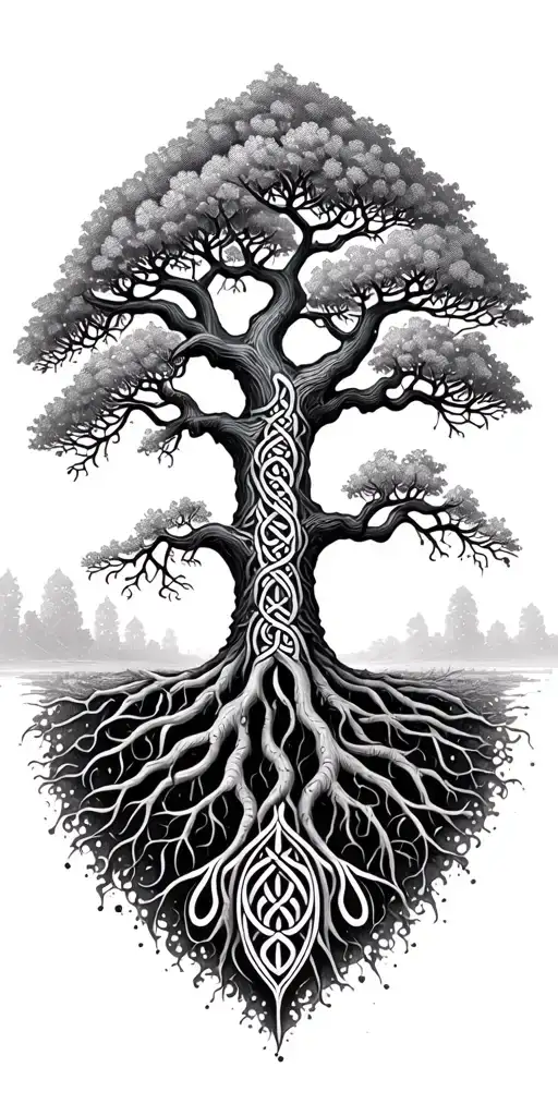 Tree Of The Tree Of Life Yggdrasil Roots Vining Into Celtic Tribal