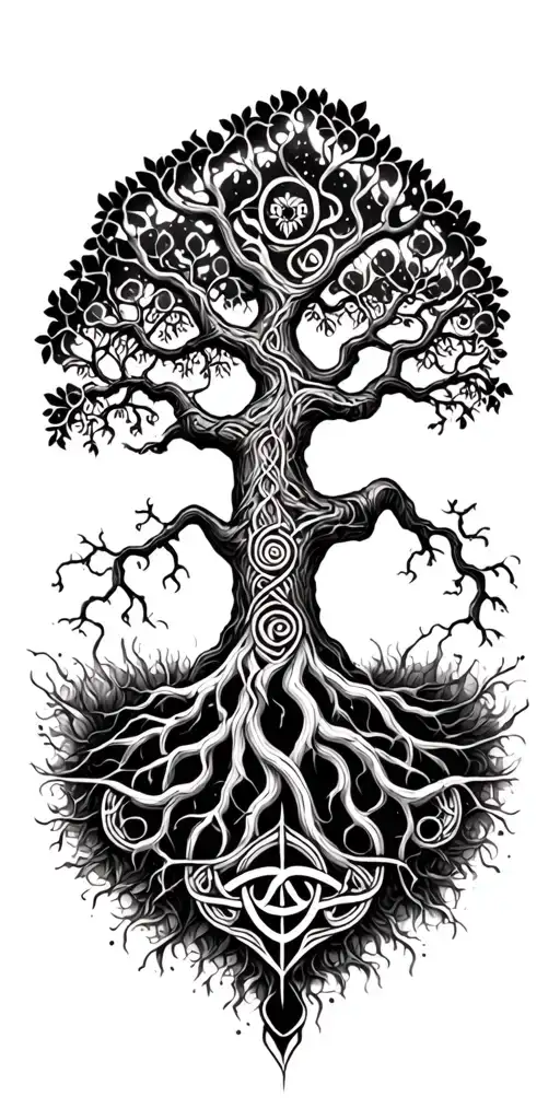 Tree Of The Tree Of Life Yggdrasil Roots Vining Into Celtic Tribal Down To Wrist