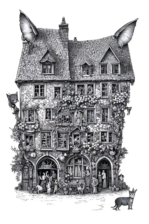 Etching Catsle Town With People And Animals Medievil Blaskmith Fruit