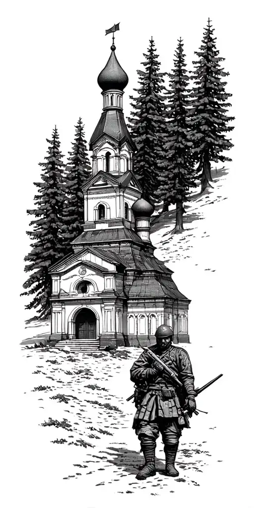 Russian Church Surrounded By Pine Trees With A Russian Soldier In The Front