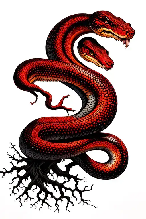 Red Snake Wrapping Tree With Roots