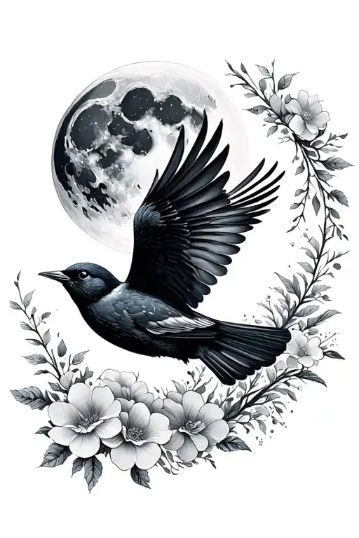 Bird In Flight And Moon With Florals