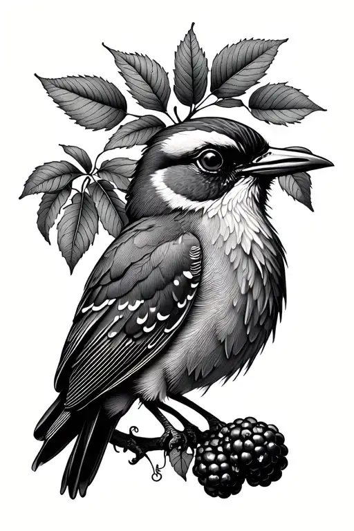 Bird With Blackberries Intertwined