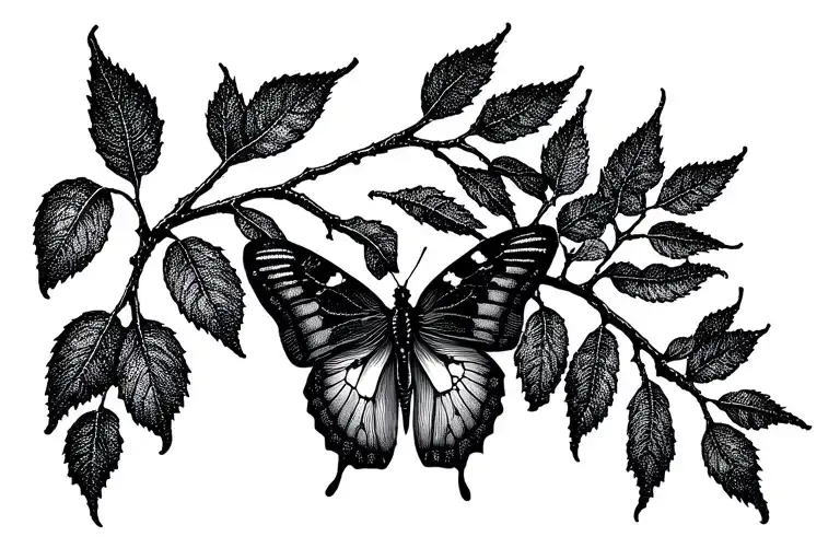 An Extra Thin Branch With Isolated Leaves And A Butterfly Sitting On The Side