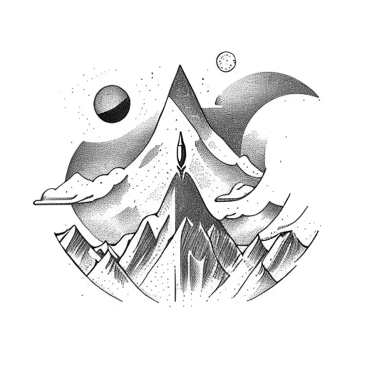 A Majestic Mountain Range With A Rocket Soaring Through The Sky