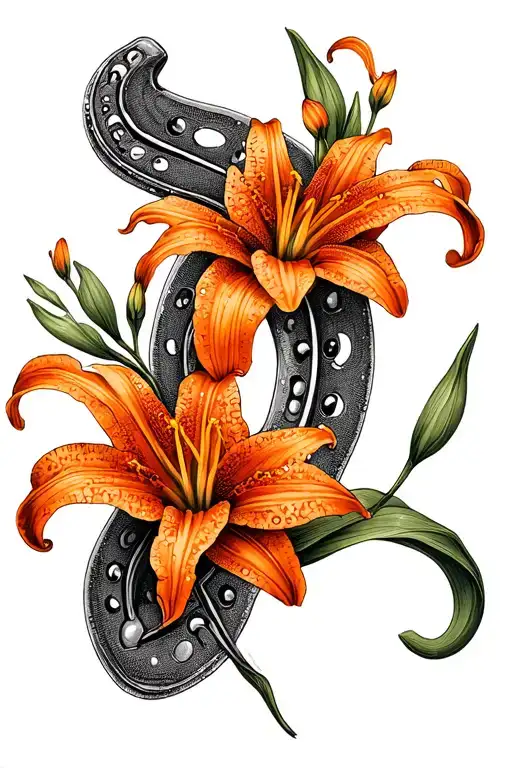 Horseshoe Intertwined With Orange Tiger Lilly Flowers