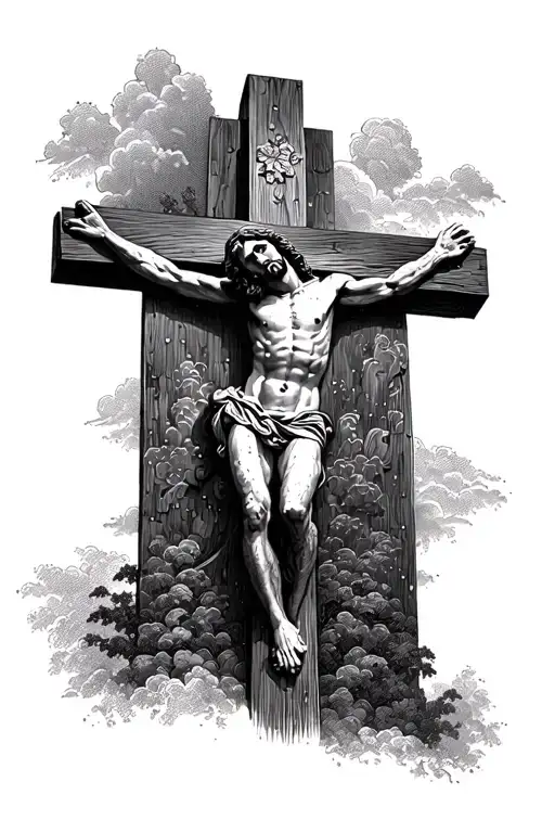 Jesus On The Cross Looking Up With A Dark Sky Behind