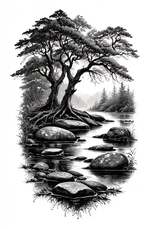 Farn Trees Stones Stream