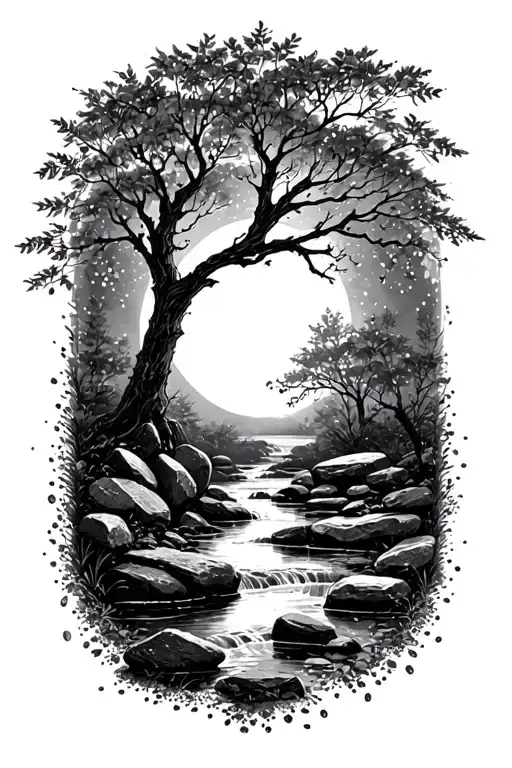 Plant Trees Stones Stream Moonlight Autumn Leaves