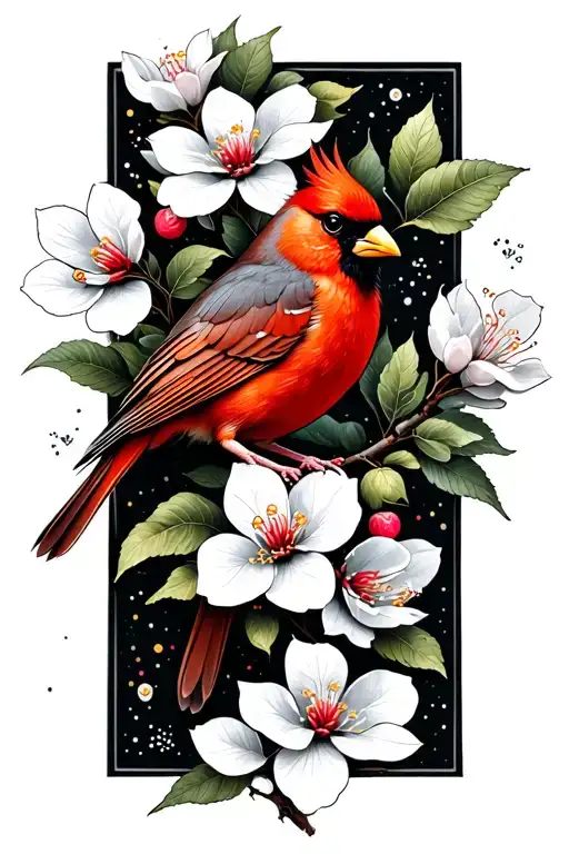 Cardinal On Dogwood Branch Flowers Intertwined