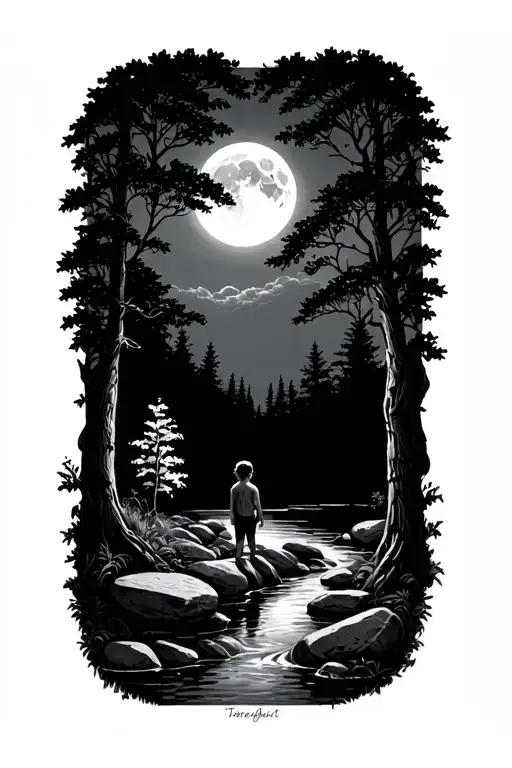 Plant Trees Stones Stream Moonlight Male Child On The Bank