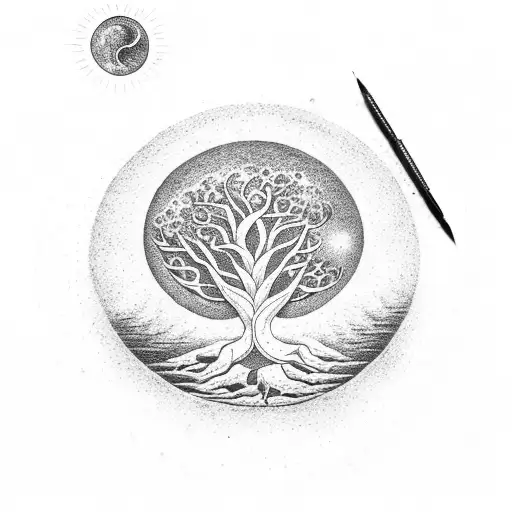 Tree Of Life With Sun And Moon Above The Tree