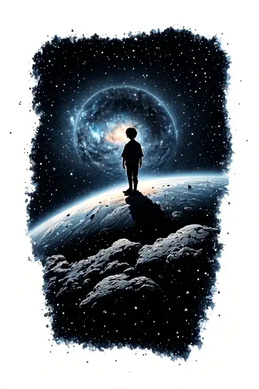 Background A Galaxy A Male Child Stands On A Tiny Planet And Looks Into The Distance