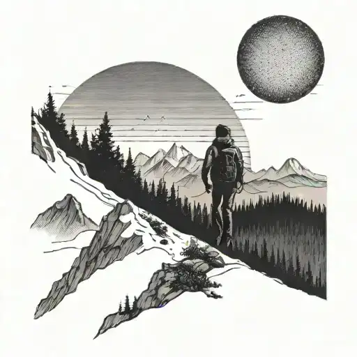 Hiker In The Distance In The Mountains With Sun Rising