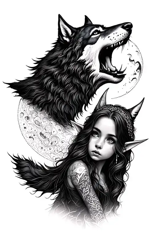 Elf Girl With Wolf Howling Wolf Howling Moon