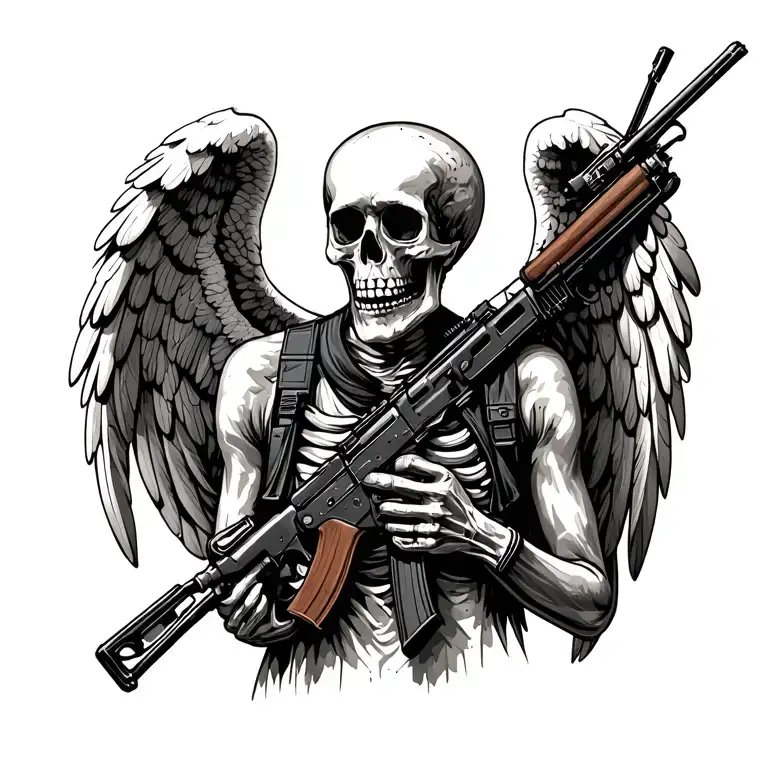 Sceleton With Angel Wings Holding Ak 47 Rifle