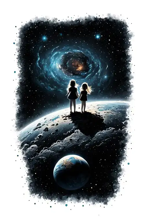 Background A Galaxy Two Little Female Children Standing On A Tiny Planet And Looks Into The Distance