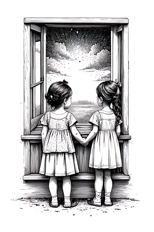 Two Little Female Children Standing In Front Of A Window Looking Int The Distance