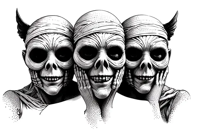 3 Mummy Faces With See No Hear No Speak No Evil