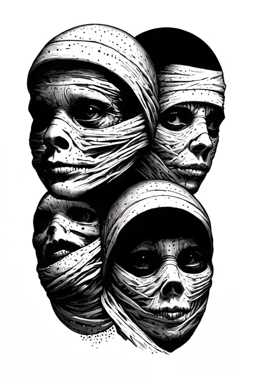 3 Mummy Faces With See No Hear No Speak No Evil