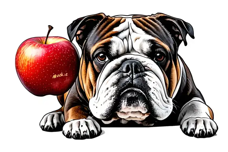 Old Fat English Bulldog With Apple And Name Mookie