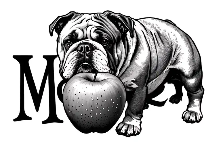 Old Fat English Bulldog Seat Position With Small Apple In Front And Large Name Mookie