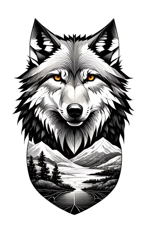 Forearm With Origami Style Wolf In A Landscape