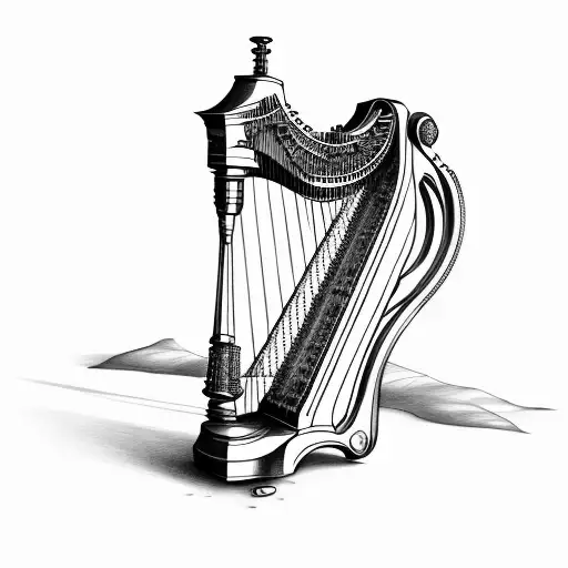 Black And White Tattoo Sketch Of A Steampunk Irish Harp