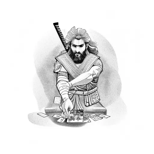 A Greek God Playing A Game Of Cards With A Samurai