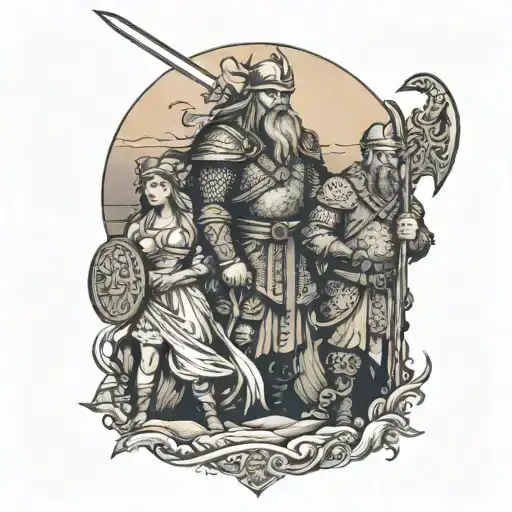 A Viking Warrior Protecting His Wife And Daughters On The Beach At Sunset