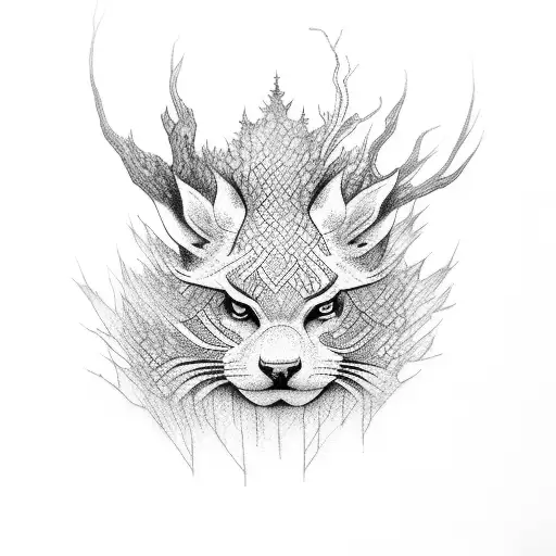 A Dotwork Tattoo Of A Mystical Creature Emerging From A Dark Forest