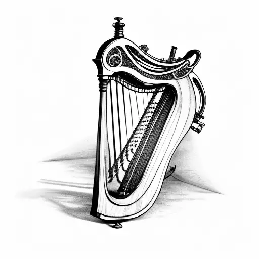 Black And White Tattoo Sketch Of A Steampunk Irish Harp