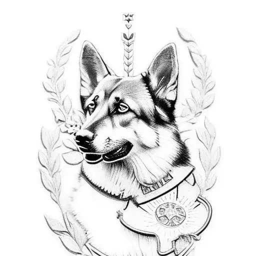 House Crest With German Shepherd In Middle With Veronica Flowers And Ivys Holding A Roman Coin