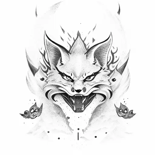 Half Kitsune Mask With Oni Attributes With A Dagger Behind It