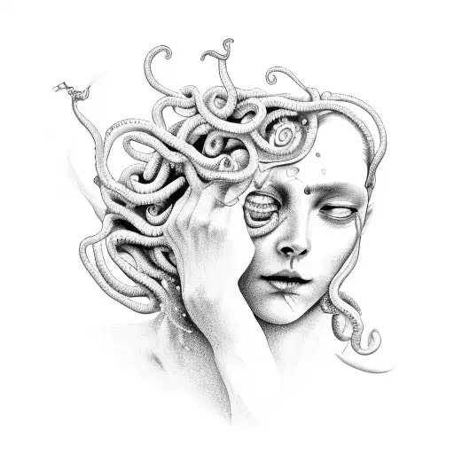 Medusa With A Tear Coming From Her Eye And Her Hand Covering Her Mouth