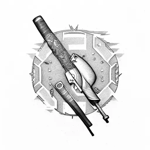 A Baseball Bat Crossed With A Shotgun In A Dotwork Style