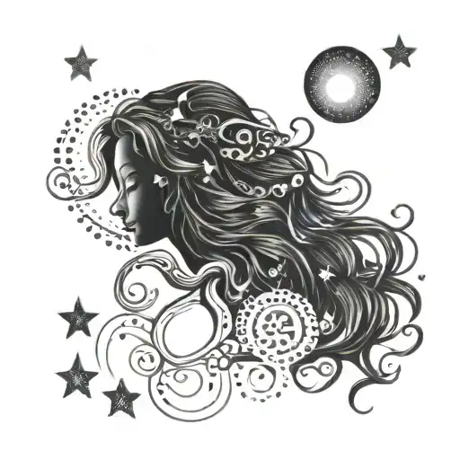Female Silhouette Goddess Long Hair Water Moon Sun Stars