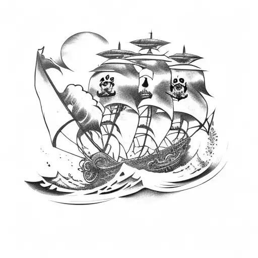 Pirate Ship With A Swashbuckler's Blade In The Background And A Rising Wave