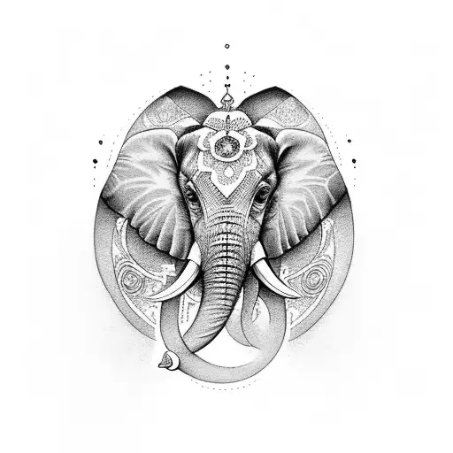 A Dotwork Tattoo Of A Sacred Elephant Adorned With Roses And An Om Symbol
