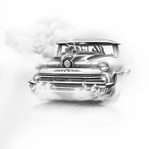 A Vintage Car With Smoke Coming Out Of Its Exhaust Forming Musical Notes