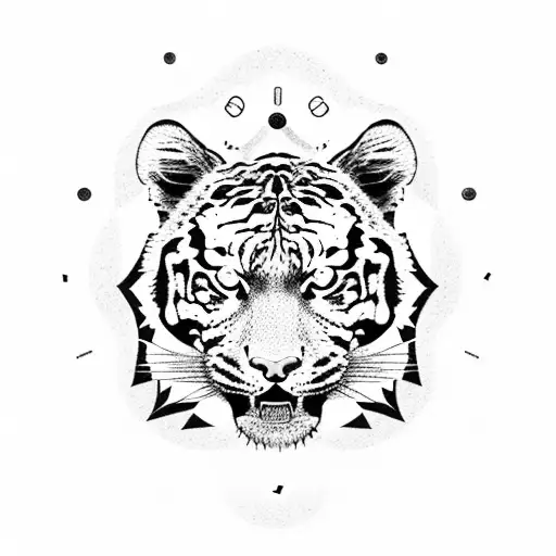 A Dotwork Tiger Surrounded By Gym Equipment And Energy Symbols