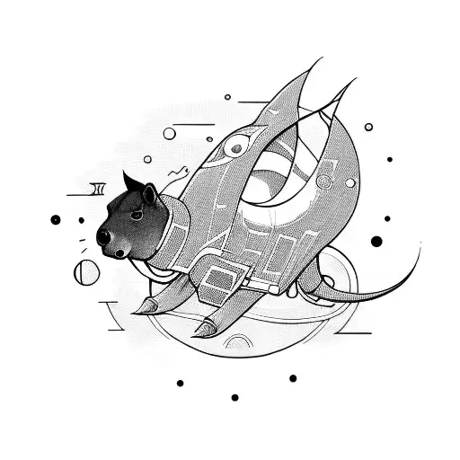 A Fun And Childish Tattoo Of A Capybara Flying A Spaceship Made Of Abstract Art Shapes